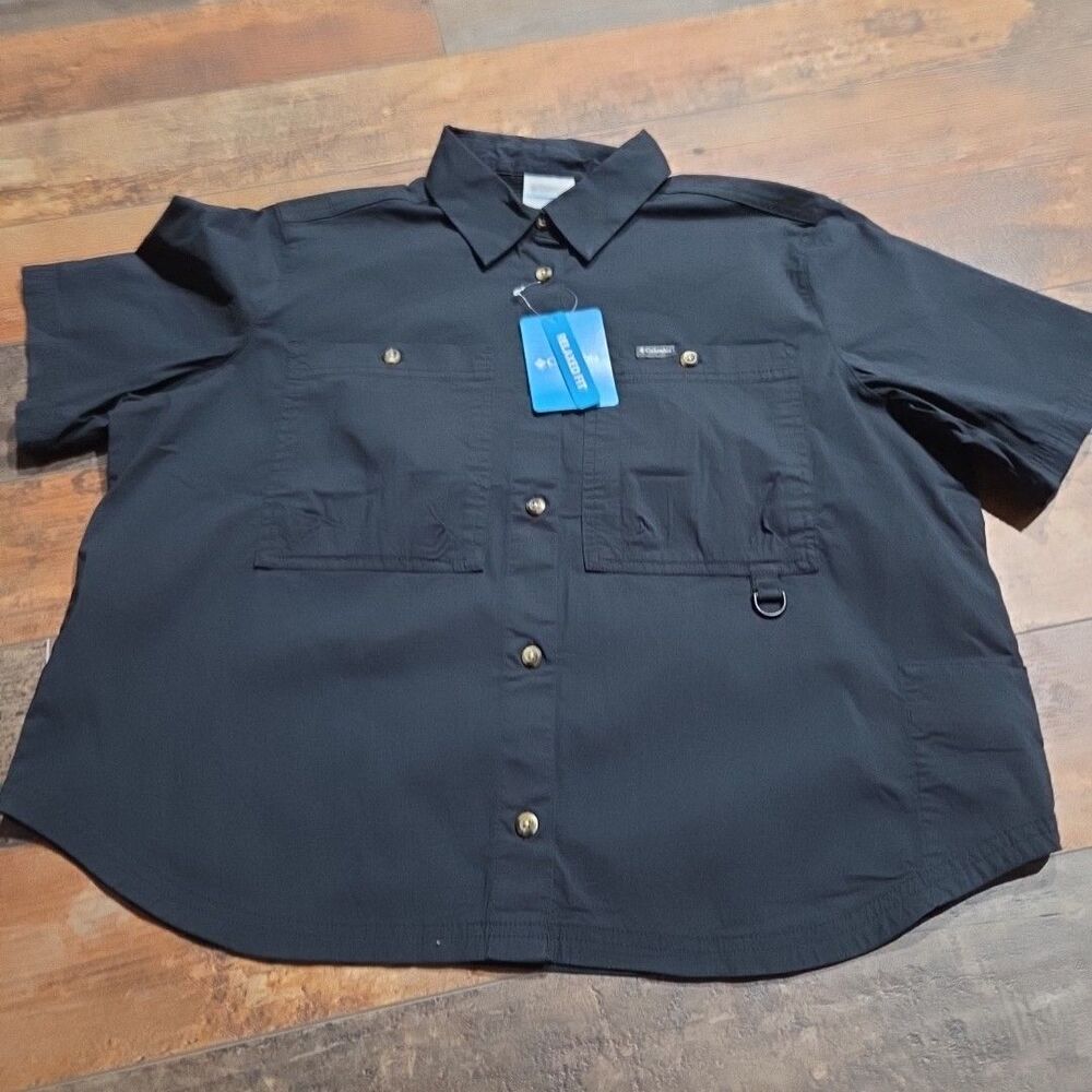 Columbia Womens Size L Black Brea Falls Woven Short Sleeve Button Up Shirt B19